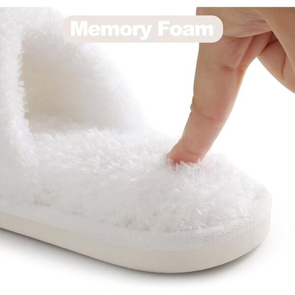 Women's Fuzzy Slippers Cross Band Velvet White Memory Foam House Slippers - Picture 4 of 6